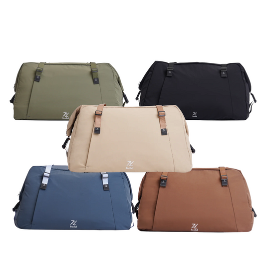 Five minimalist Mouve Duffle bags in olive green, black, beige, blue, and brown, each featuring the "bold" logo and front buckle accents, displayed on a white background