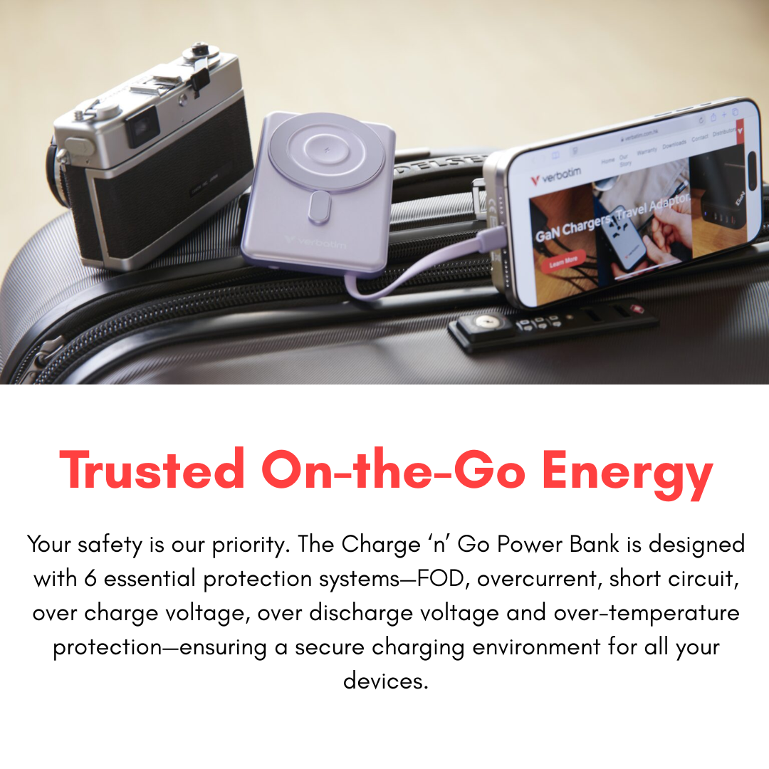 Portable power bank charging smartphone and camera on suitcase, secure charging for travel devices.