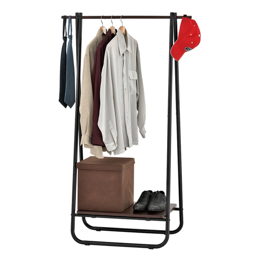 Foldable chocolate brown swing clothes rack with hanging shirts, ties, cap and storage shelf for box and shoes.