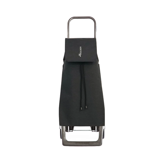 Black Rolser tweed foldable grocery and shopping trolley with aluminum frame and drawstring bag, front view on white background
