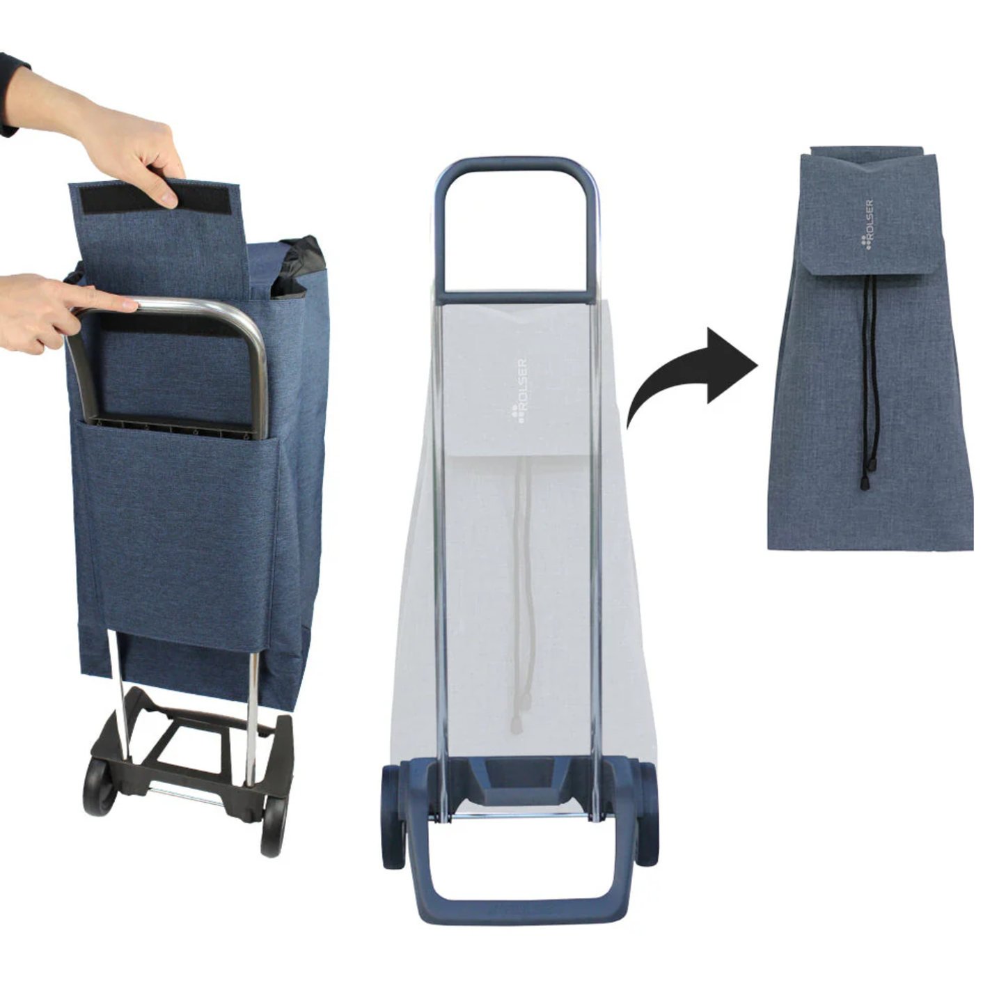 Blue Rolser tweed grocery shopping trolley with removable bag, showing how the fabric bag detaches from the 2-wheel frame for easy storage and cleaning.