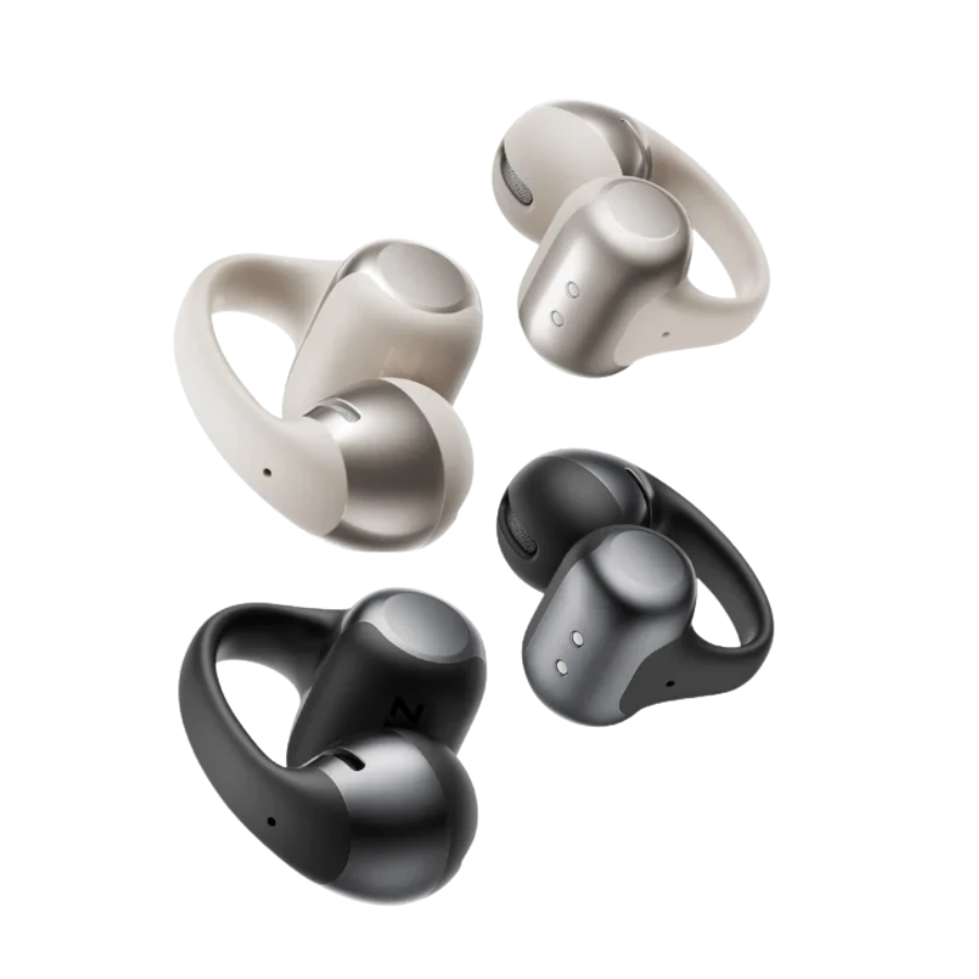 Four pairs of Shokz noise-cancelling wireless earbuds in black and silver with ergonomic loop design, ideal for music and calls.