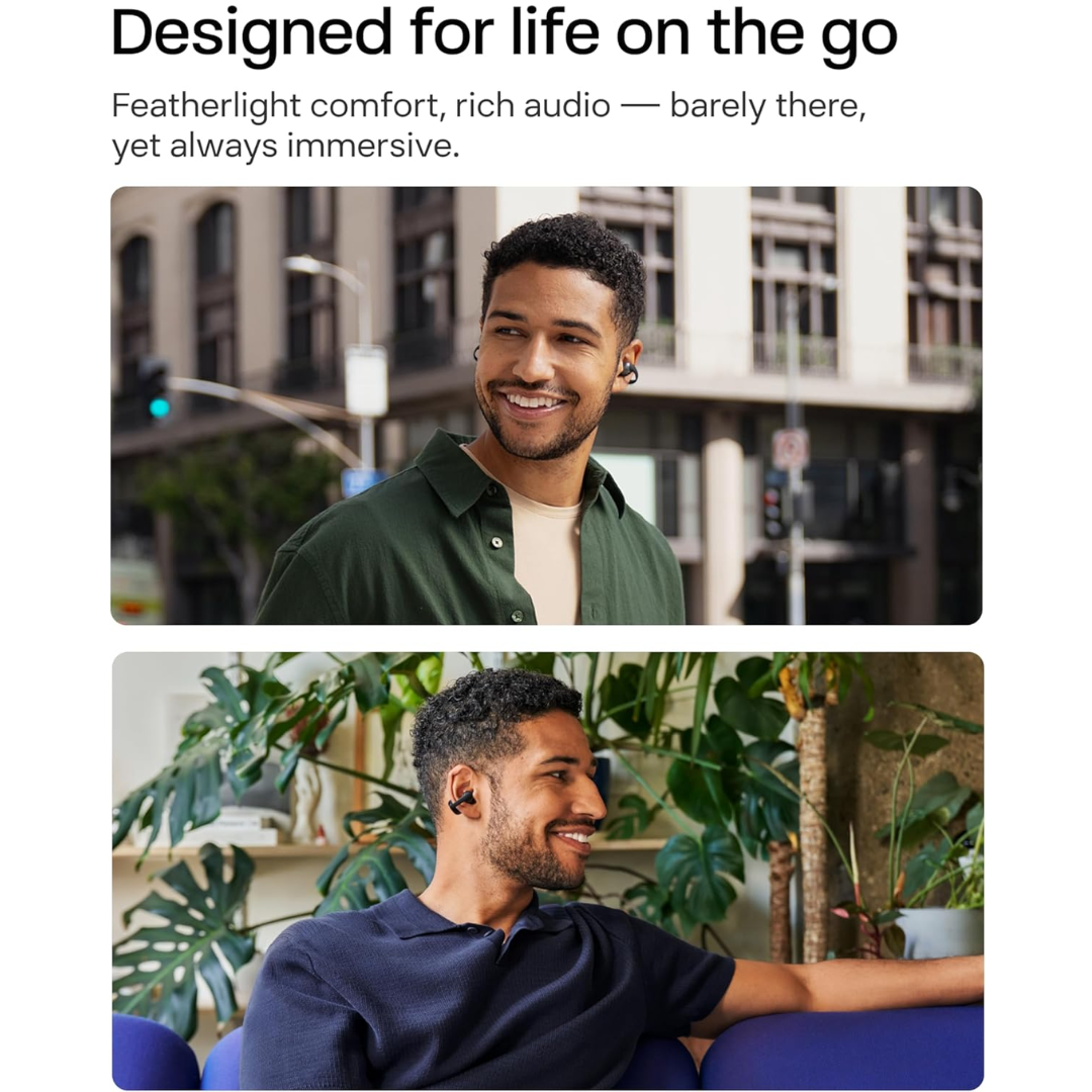 Man wearing Shokz open-ear true wireless earbuds in casual and relaxed indoor and outdoor settings, highlighting comfortable fit and modern design with natural backgrounds.