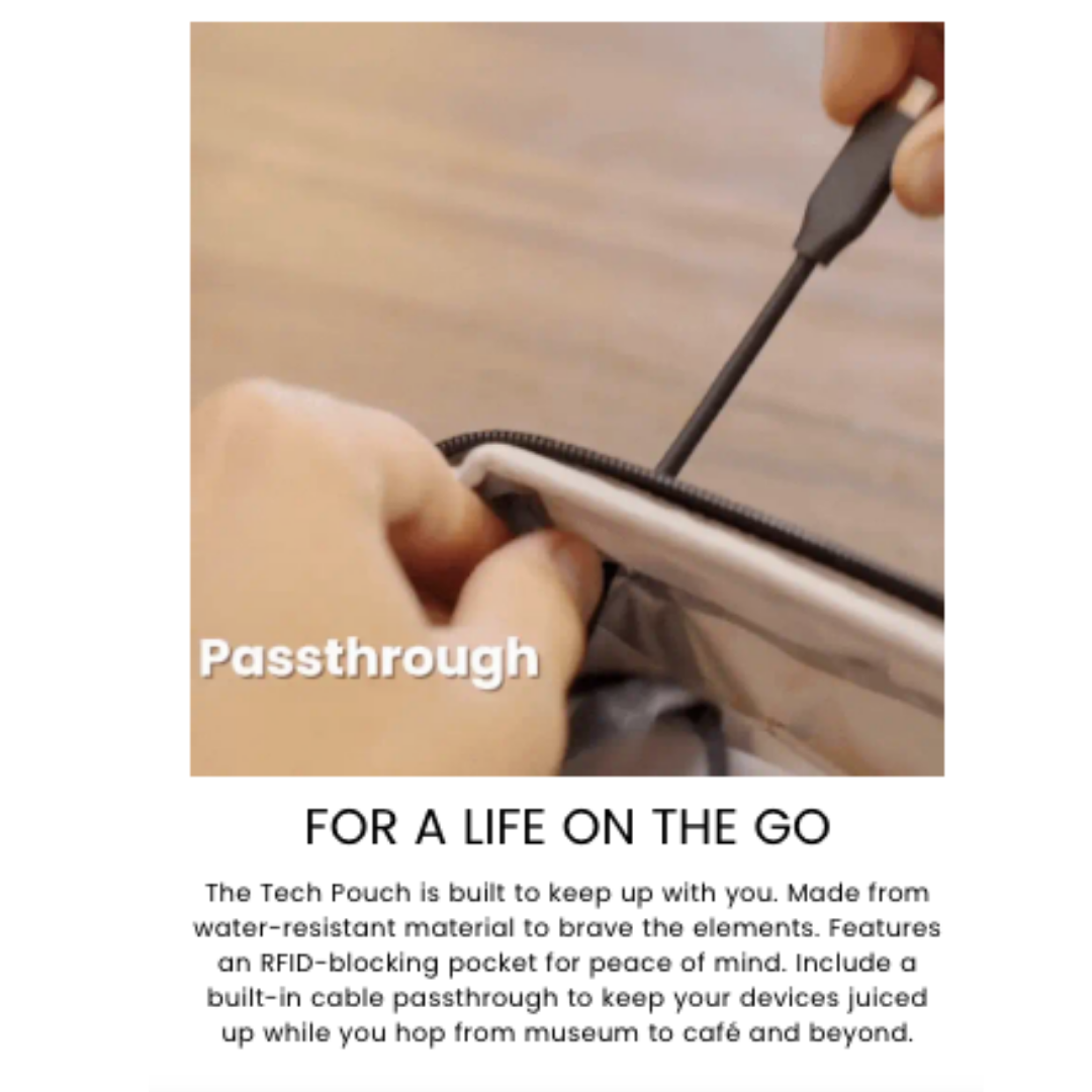 Close-up of hands inserting a charging cable through the built-in cable passthrough opening inside a tech pouch, with the word "Passthrough" overlaid on the image