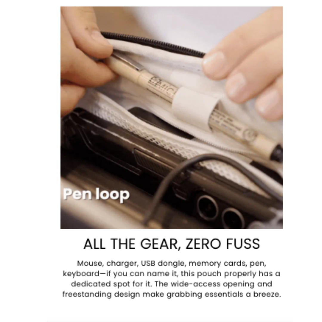 Close-up of hands organizing a pen into the pen loop inside a tech pouch, with visible compartments holding various electronic accessories such as cables and a mouse. The text "Pen loop" is overlaid on the image