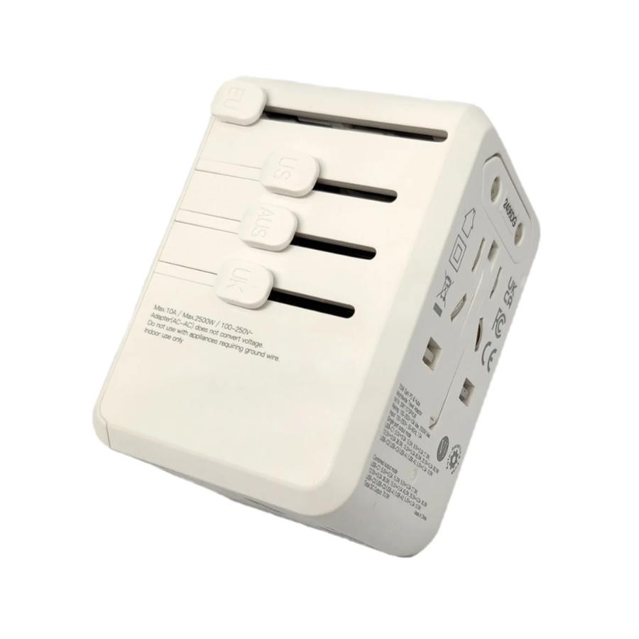 Travelmall universal plug adapter with multiple international sockets, 70W GaN fast charging, four USB ports, and safety certifications for worldwide use, shown with UK, US, EU, and AU plug compatibility.