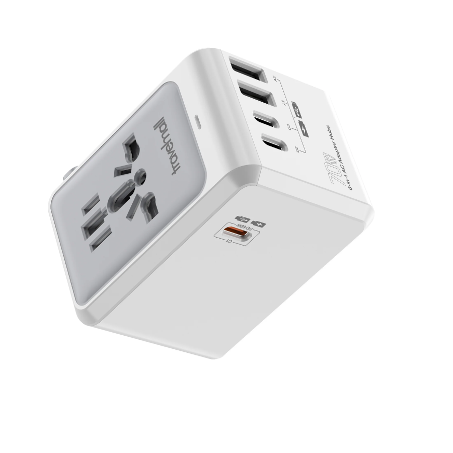 Travelmall universal travel adapter with multi-standard international socket, 70W GaN fast charging, USB-C and USB-A ports, and UK/US/EU/AU plug support for global device charging.