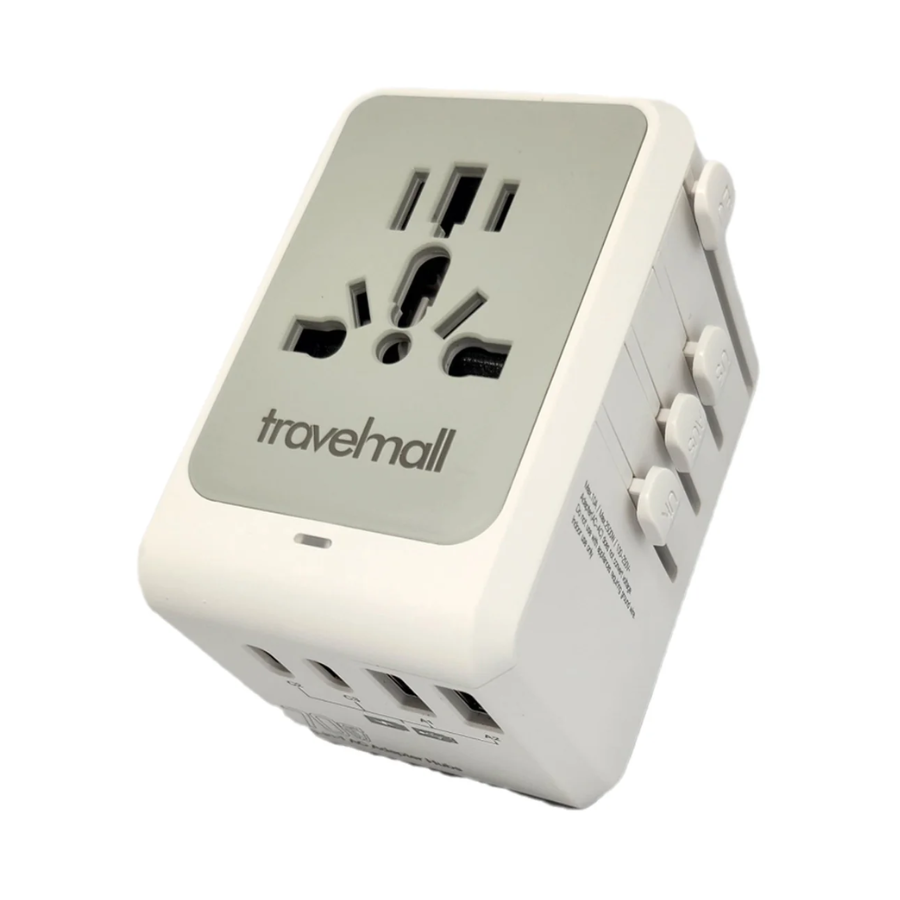 Travelmall universal power adapter with multi-standard international socket, retractable plug sliders for UK, US, EU, and AU, and multiple USB ports for charging phones, tablets, and devices during international travel.