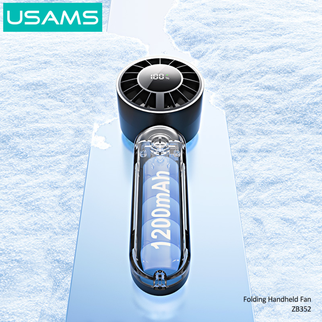 USAMS ZB352 black folding handheld fan showing 1200mAh battery capacity and digital display for portable cooling