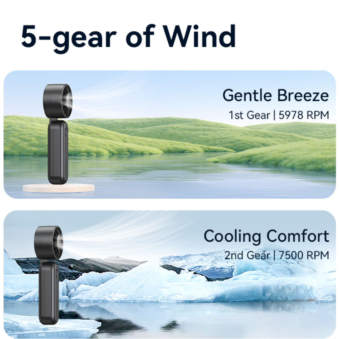 USAMS ZB352 black folding handheld fan showing 5 wind speeds, including gentle breeze at 5,978 RPM and cooling comfort at 7,500 RPM