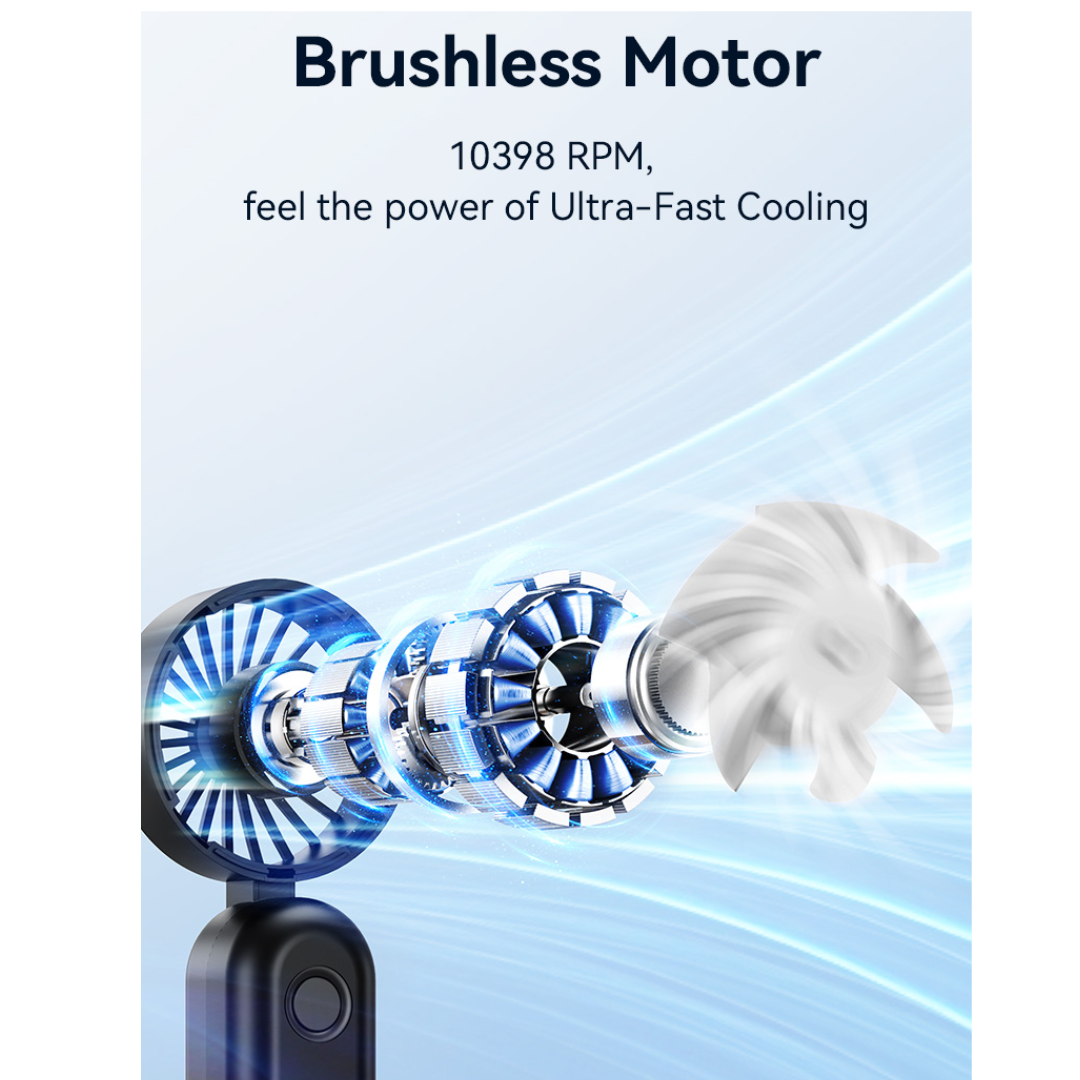 USAMS ZB352 black folding handheld fan with brushless motor, 10,398 RPM for ultra-fast cooling airflow