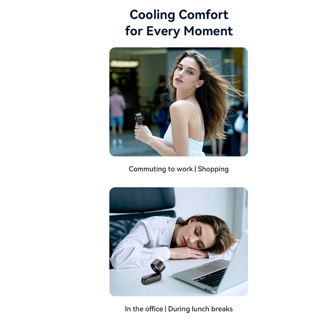 USAMS ZB352 black folding handheld fan providing cooling comfort for commuting, shopping, office, and lunch breaks
