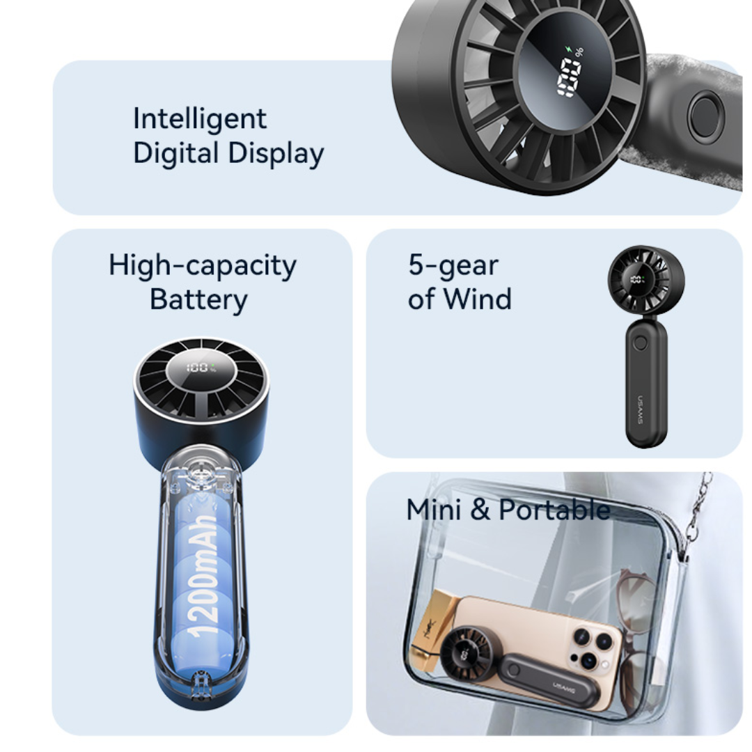 USAMS ZB352 black folding handheld fan featuring intelligent digital display, 1200mAh battery, 5 wind speeds, and mini portable design