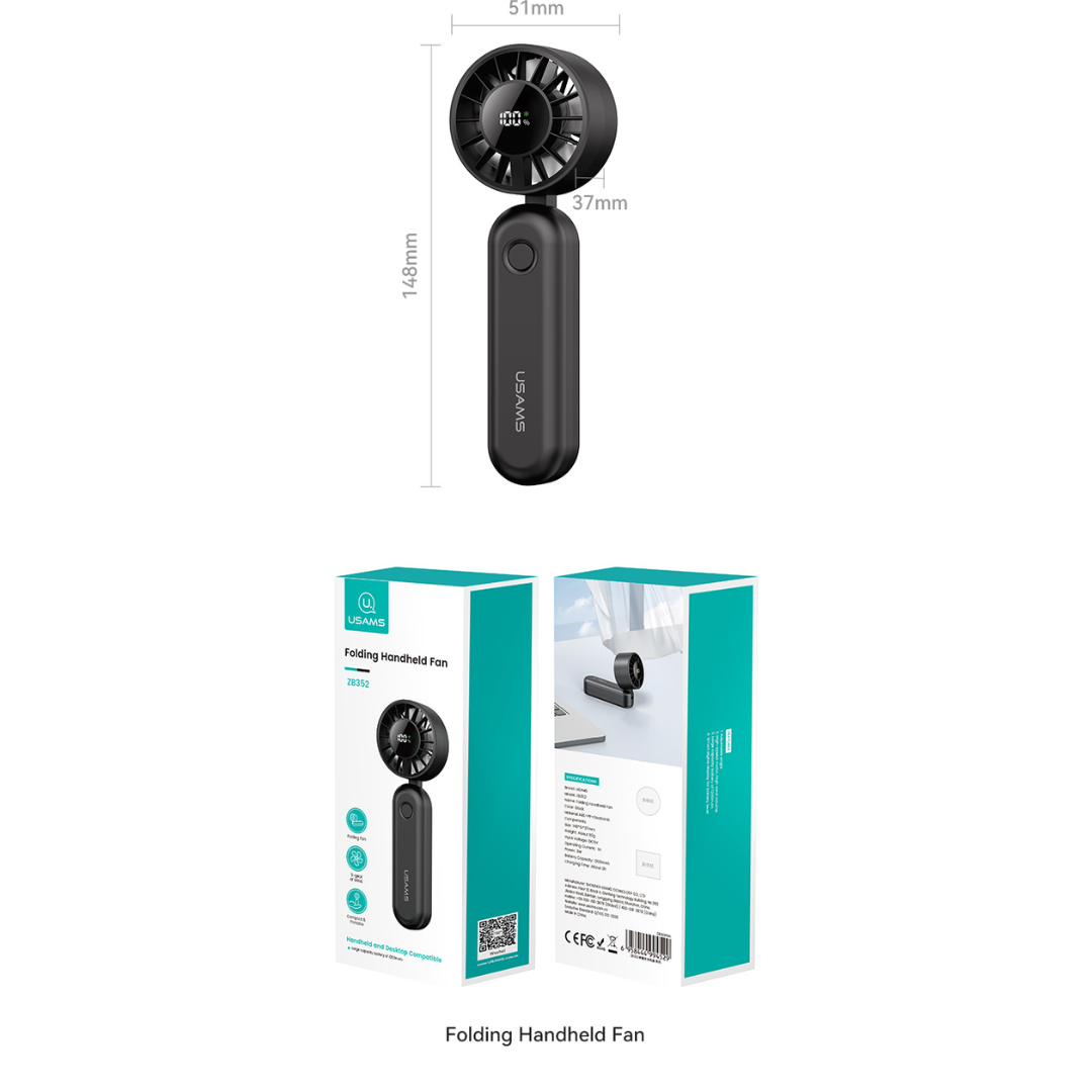USAMS ZB352 black folding handheld fan with digital display shown with product dimensions and retail packaging