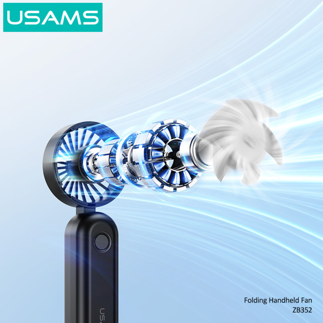 USAMS ZB352 black folding handheld fan with exposed turbine motor design visualizing powerful airflow
This captures brand, model, color, product type, feature (turbine motor), and function (airflow), boosting SEO and describing the image for accessibility.