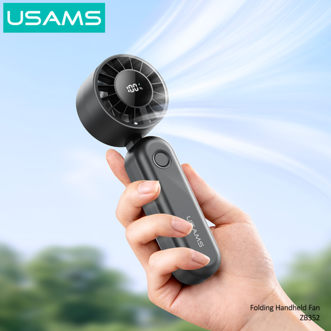 USAMS ZB352 black folding handheld fan with digital display, shown in hand for portable outdoor cooling