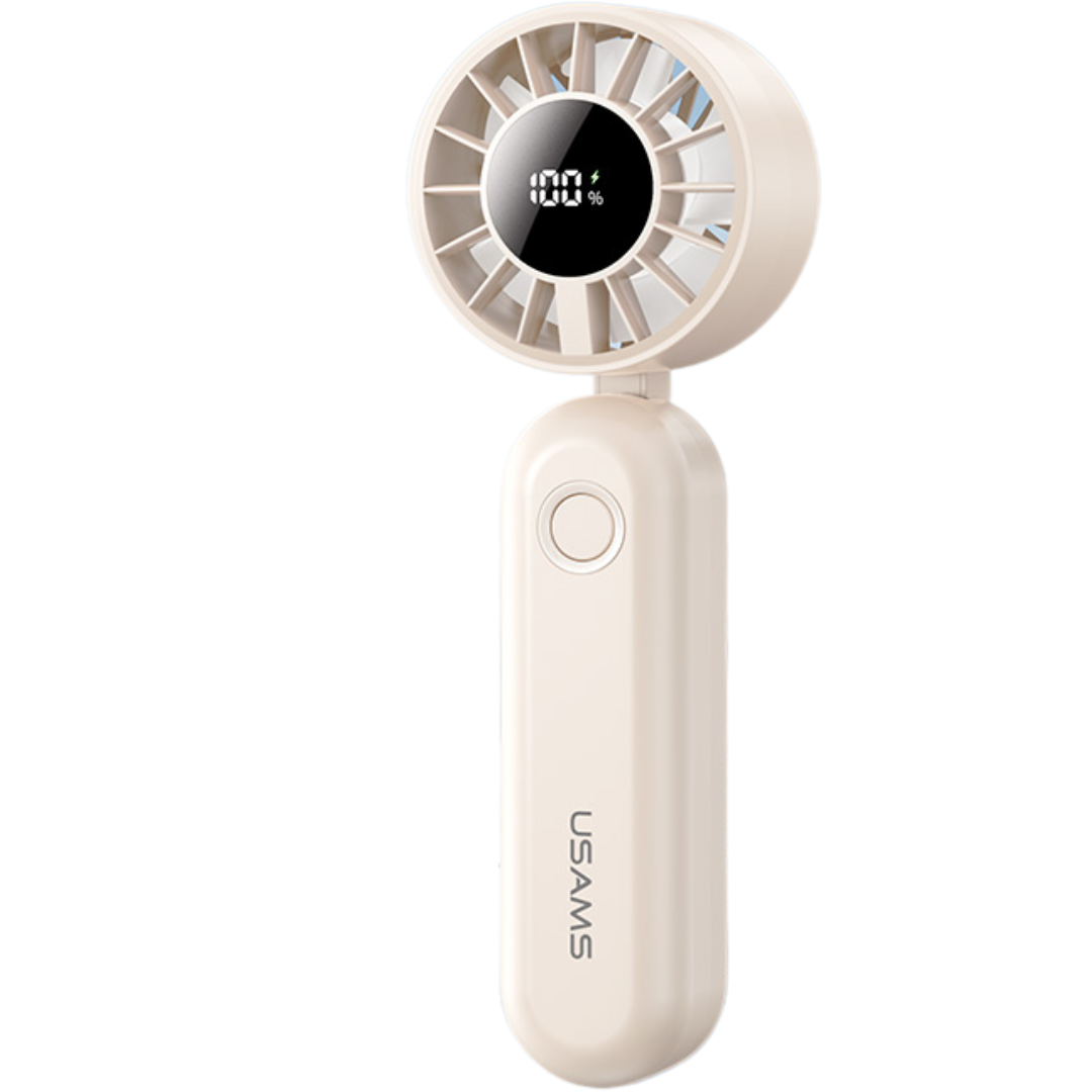 USAMS ZB352 white folding handheld fan with digital display and USB rechargeable battery, upright side button view