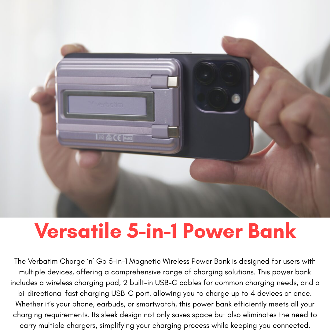 Verbatim magnetic 10000mAh wireless power bank securely attached to the back of a black iPhone, featuring a foldable stand for hands-free charging
