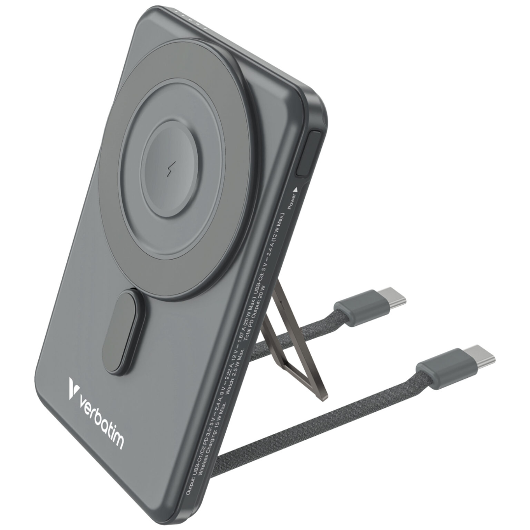 Verbatim black 10000mAh magnetic wireless power bank with integrated USB-C cable, foldable stand, and MagSafe-compatible charging, ideal for iPhone and Android devices