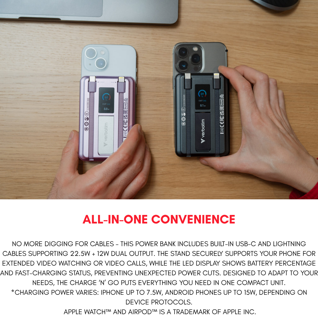Verbatim Charge 'n' Go magnetic wireless power banks attached to two iPhones on a desk with All-in-One Convenience text showcasing built-in USB-C and Lightning cables