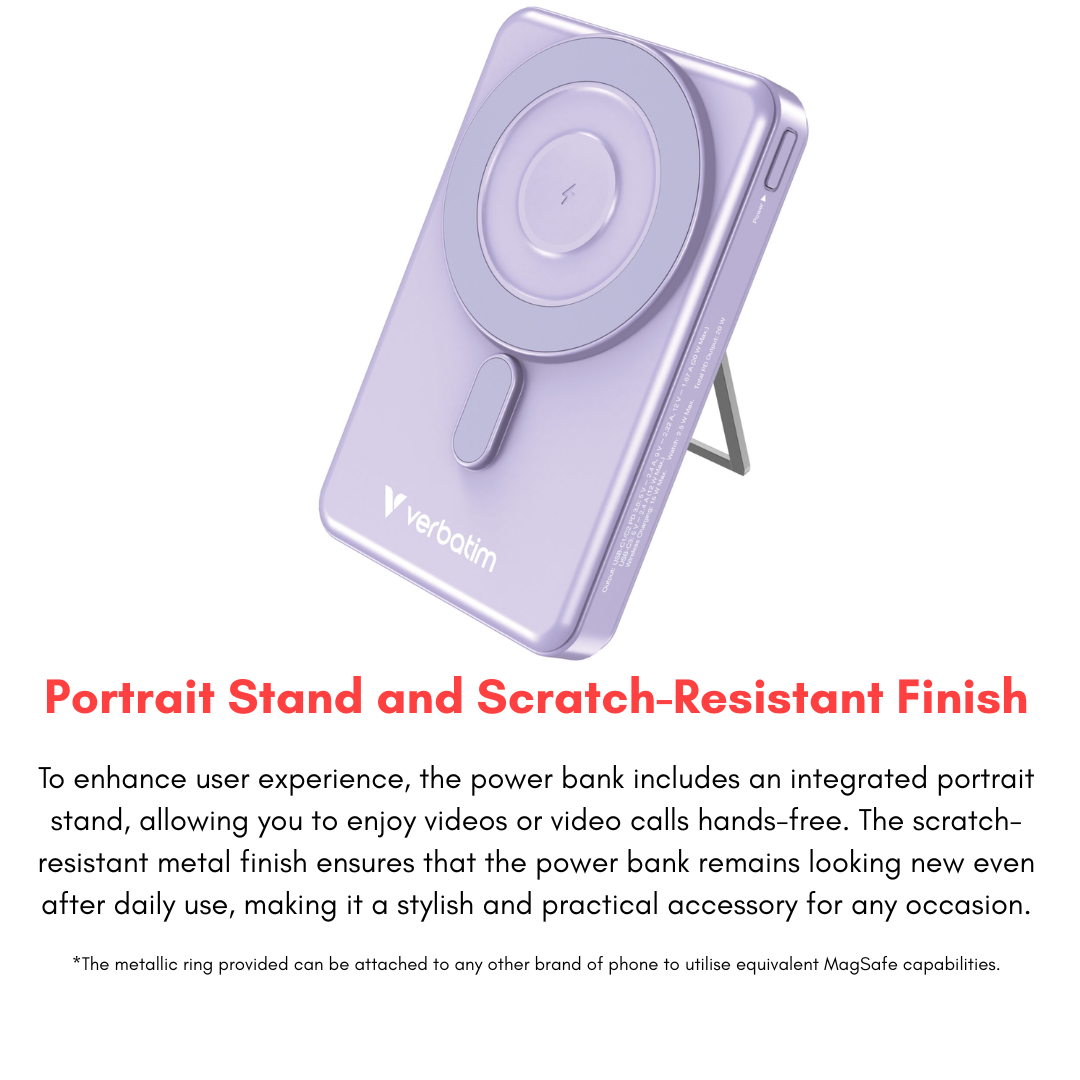 Verbatim purple 10000mAh magnetic wireless power bank with integrated portrait stand and scratch-resistant finish, MagSafe-compatible for iPhone and Android devices