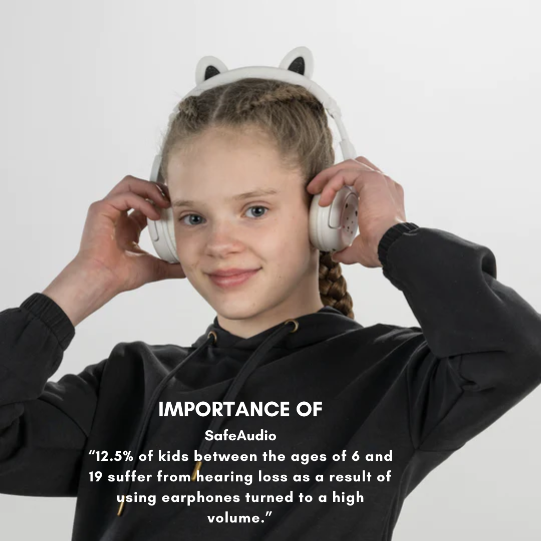 Child with braided hair wearing white over-ear headphones with cat ears and a black hoodie, adjusting the headphones; text overlay discusses the importance of SafeAudio and statistics about hearing loss from high-volume earphone use
