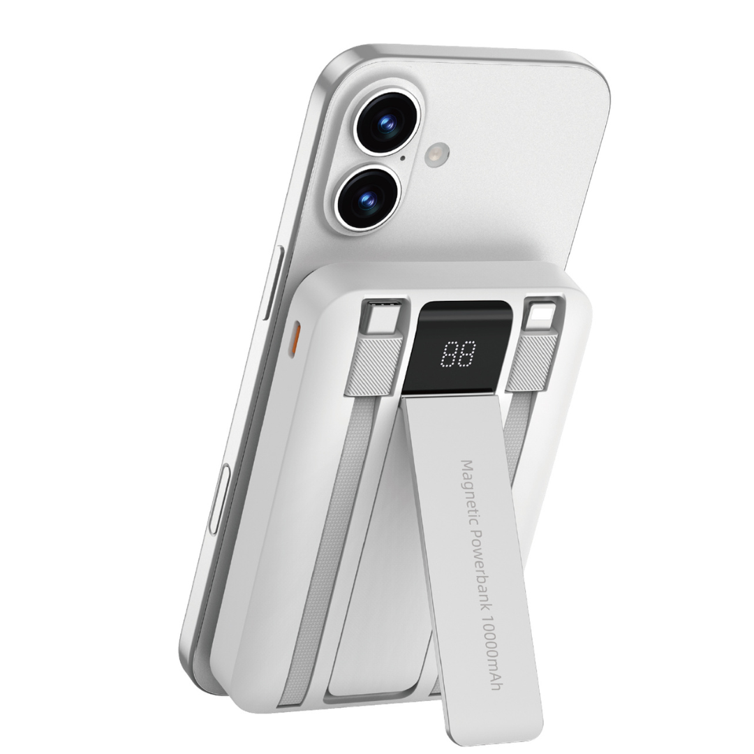 White WiWU 10000mAh magnetic power bank with digital display and foldable stand attached to the back of an iPhone