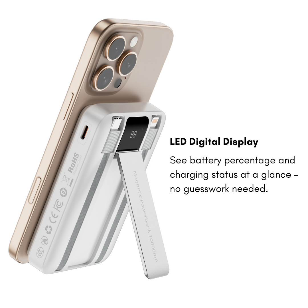 White WiWU magnetic 10000mAh power bank with LED digital display attached to the back of an iPhone, foldable stand extended
