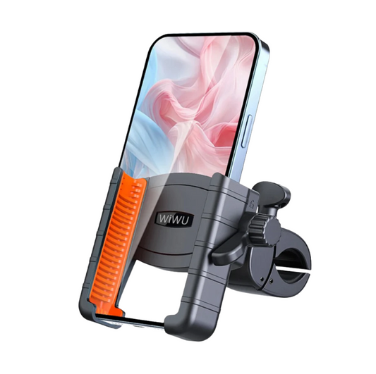 WiWU bike phone holder in black and orange securely mounted on a handlebar, holding a smartphone upright.