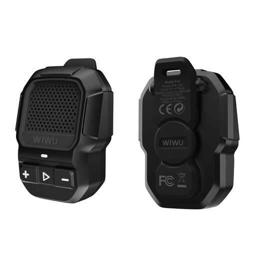 WiWU Bluetooth mini portable speaker in black, featuring front and back views, compact rugged design, USB charging, and clip for outdoor use.