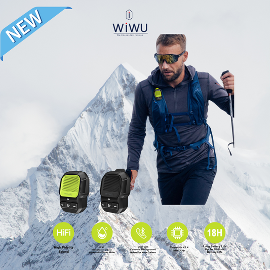 WiWU Bluetooth portable speaker attached to an outdoor hiker's backpack with mountain background, showcasing water-resistant, long battery life, and HiFi features for adventure.