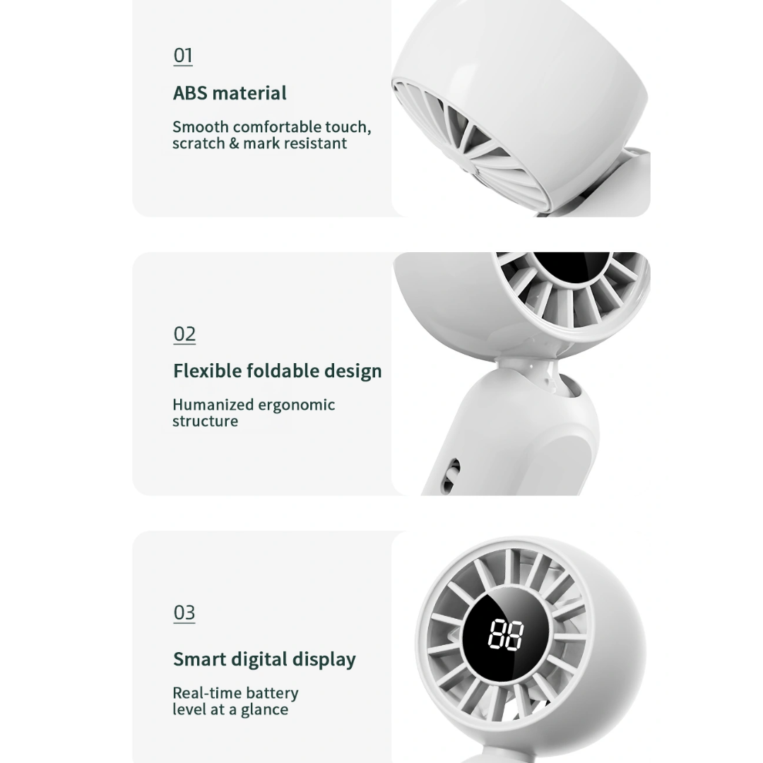 White WiWU Bubble Pro handheld fan highlighting ABS material flexible foldable design and smart digital display features