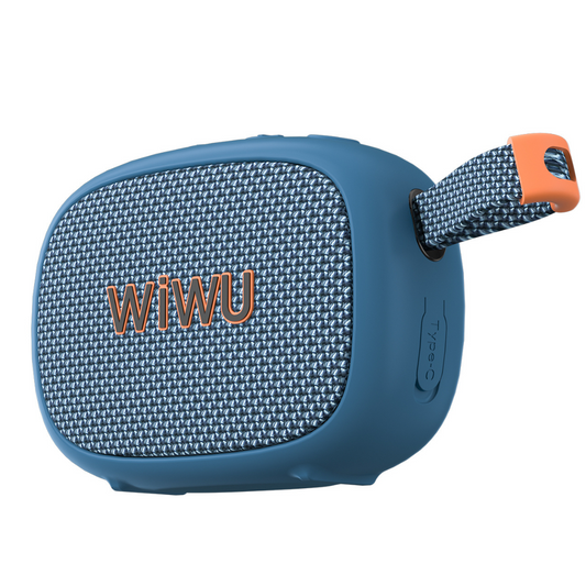 Blue WiWU Buddy Fun clip-on Bluetooth speaker with rugged fabric design and orange accent strap, portable for outdoor and travel use