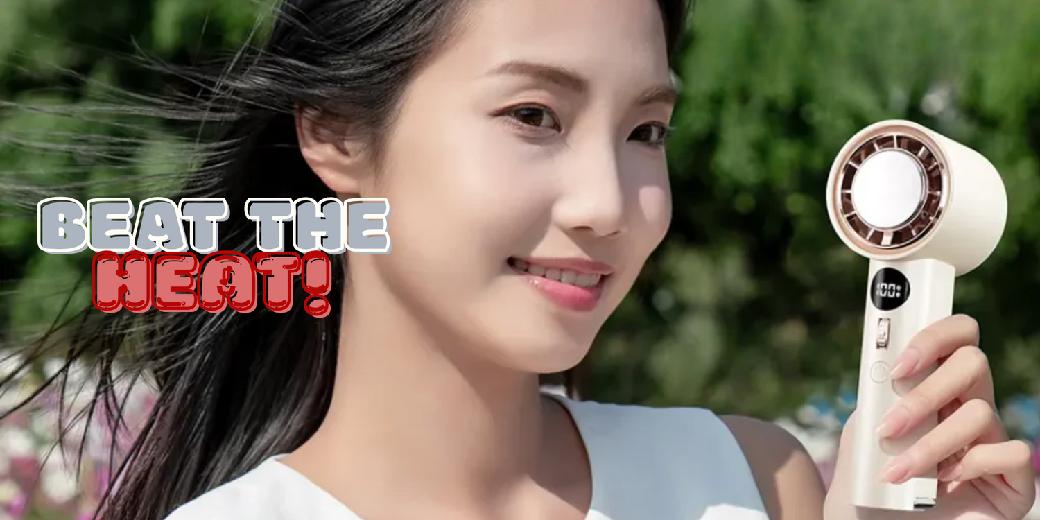Woman using WiWU Chillmate Fan FS016 portable handheld fan outdoors with digital display, featuring "Beat the Heat!" text.