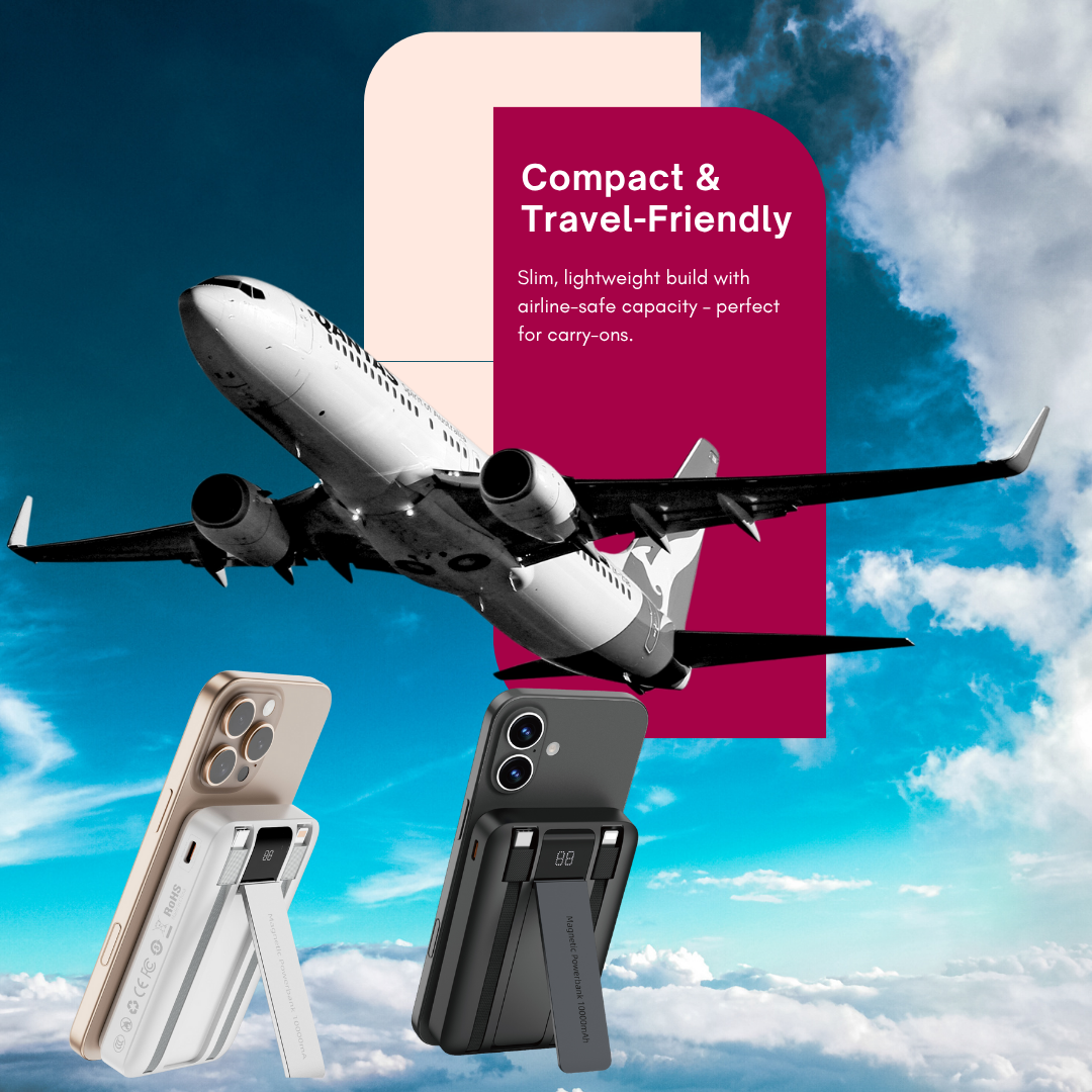 Black WiWU magnetic power bank attached to the back of a silver iPhone with foldable stand extended, airplane in background showing travel-friendly design