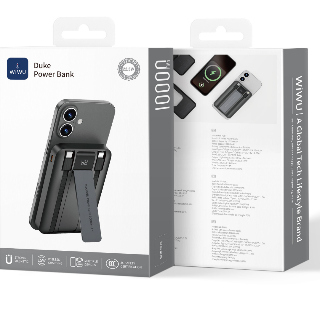 Black WiWU magnetic power bank attached to the back of a silver iPhone with foldable stand extended, perfect for travel charging