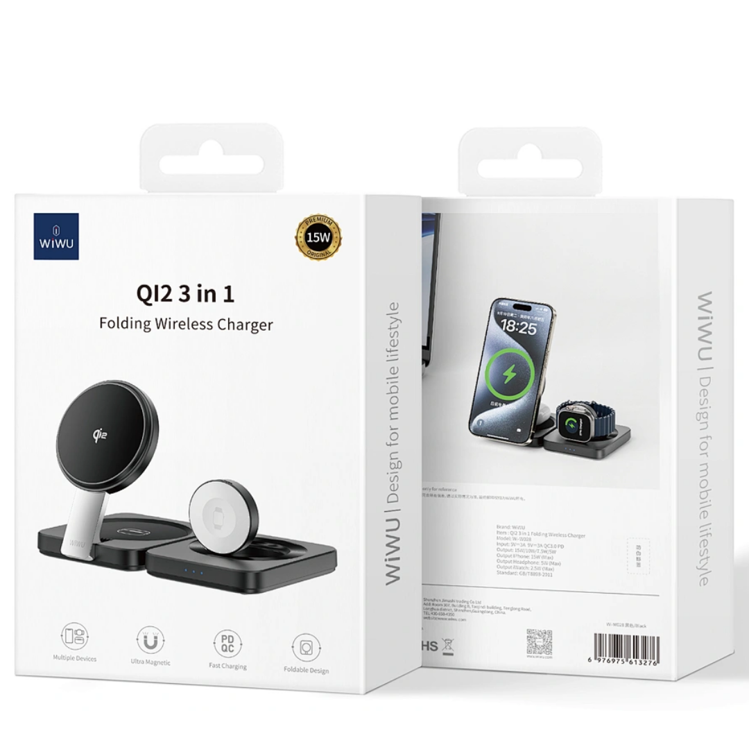 Retail packaging of WiWU Qi2 3-in-1 folding wireless charger showing front and back views, highlighting 15W fast charging, MagSafe compatibility, and multi-device support for iPhone, Apple Watch, and AirPods.