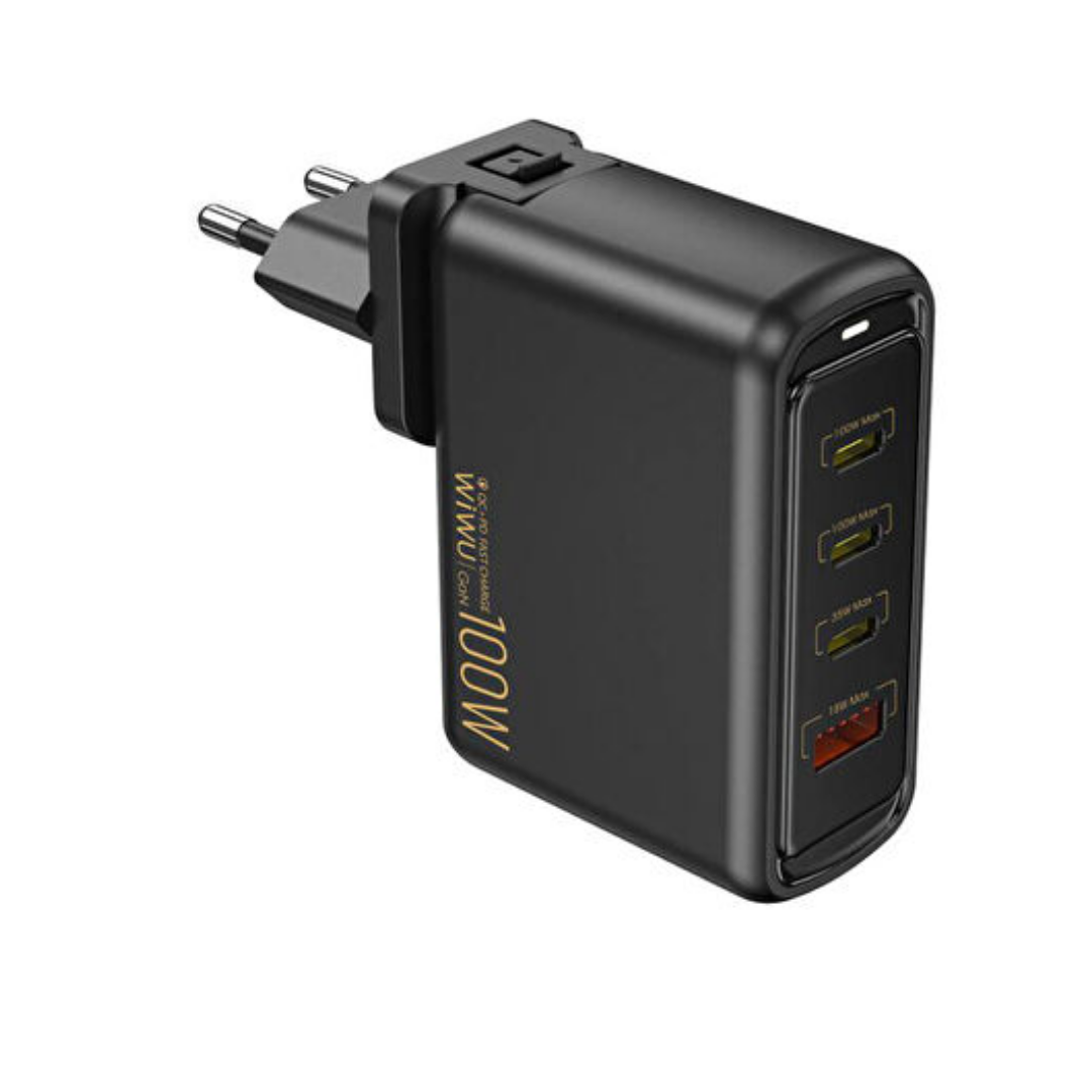 WiWU Wi-U022W 100W GaN fast charger with EU plug, featuring three USB ports for simultaneous charging of laptops, tablets, and smartphones.