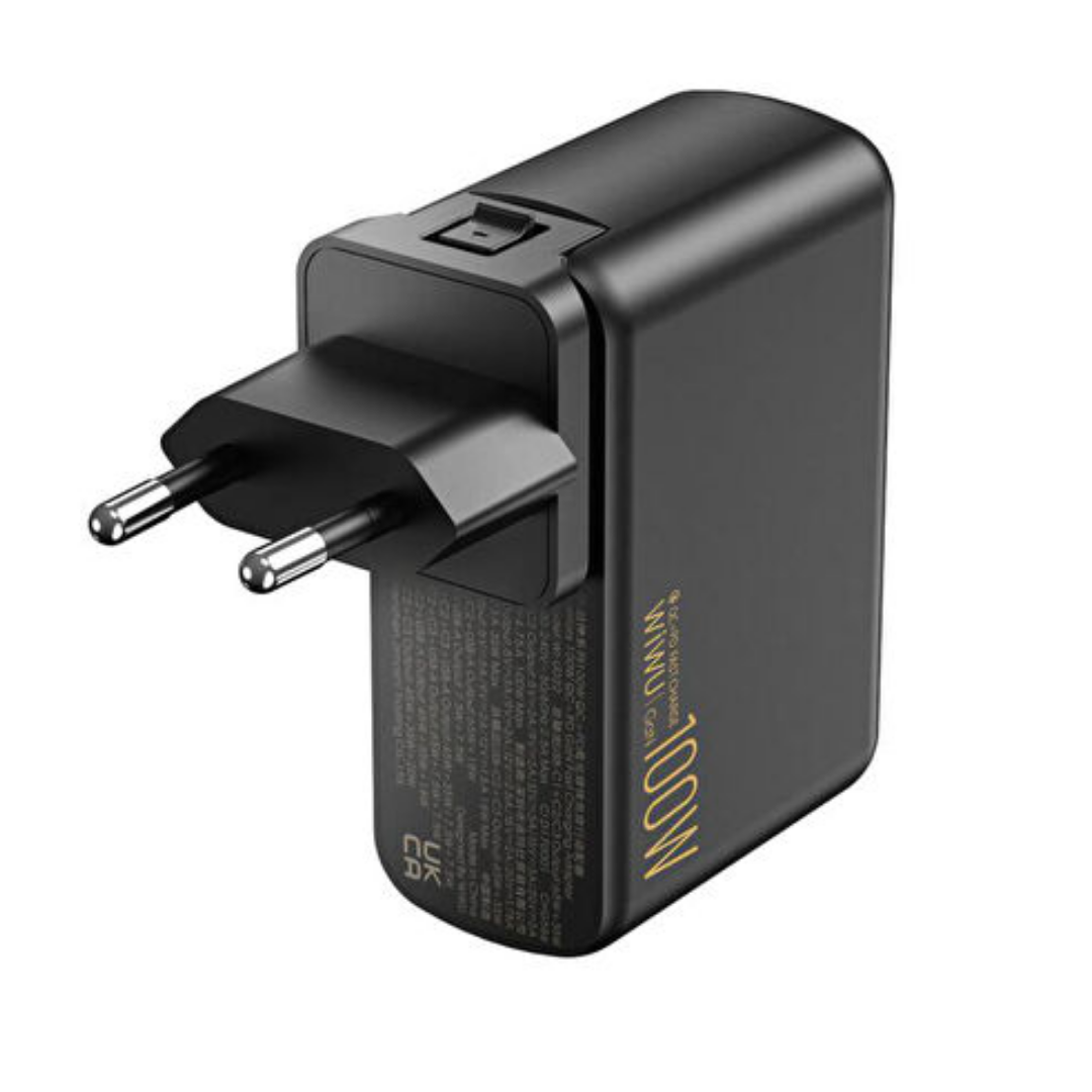 WiWU Wi-U022W 100W GaN fast charger with EU plug, compact black design for efficient and universal device charging.