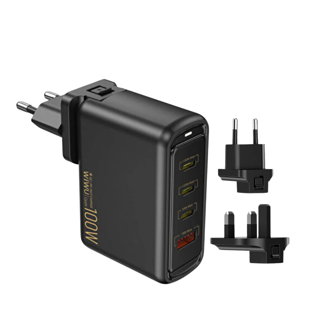 WiWU Wi-U022W 100W GaN fast charger with three USB ports and interchangeable EU, UK, and US adapters for worldwide charging.