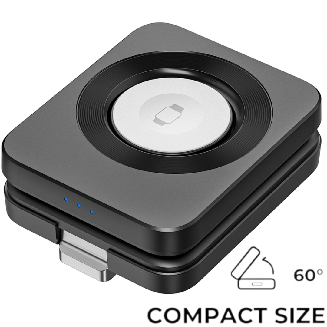 WiWU Wi-W028 3-in-1 folding wireless charger in compact black design, featuring Apple Watch charging module and LED indicators, ideal for travel and space-saving charging.