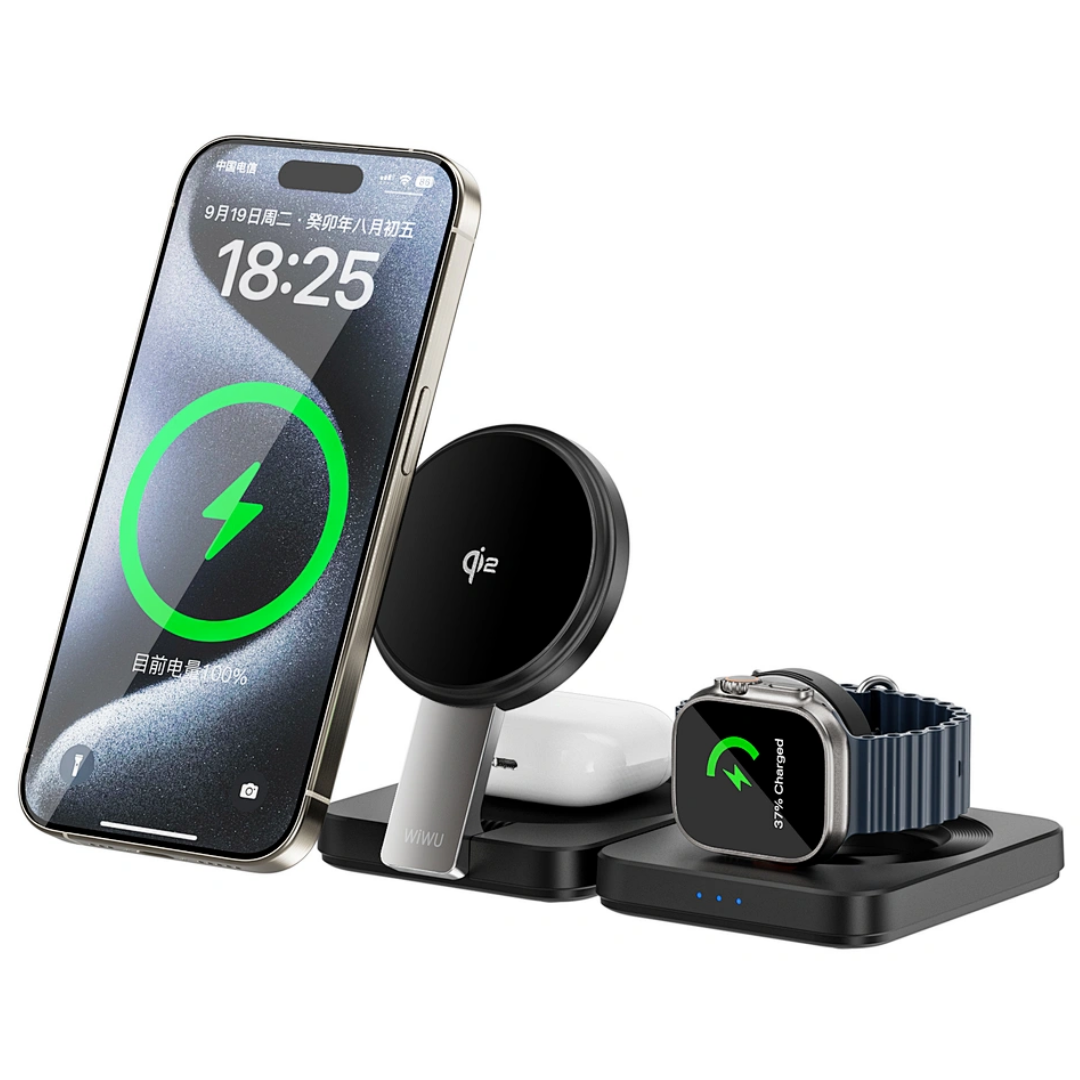 WiWU Wi-W028 Qi2.0 3-in-1 folding wireless charger charging an iPhone with MagSafe, Apple Watch, and AirPods simultaneously, shown in a compact black design.