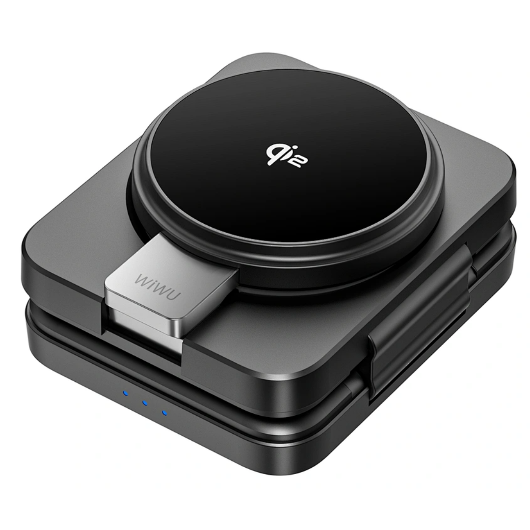 WiWU Wi-W028 Qi2.0 3-in-1 folding wireless charger in sleek black, shown folded with visible MagSafe charging pad and LED indicators, designed for iPhone, Apple Watch, and AirPods.