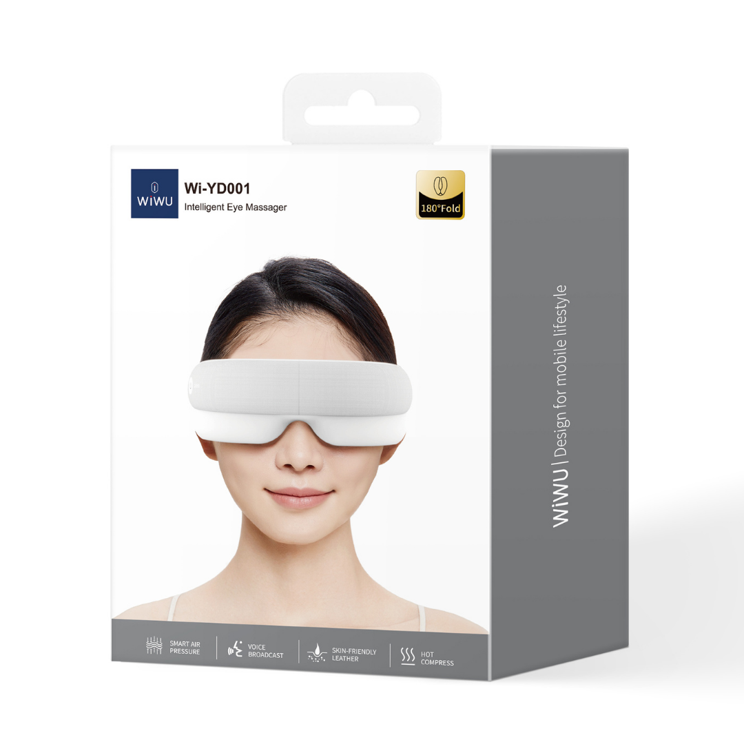 WiWU Wi-YD001 intelligent eye massager retail packaging highlighting 180° foldable design, smart air pressure, voice broadcast, skin-friendly leather, and hot compress features