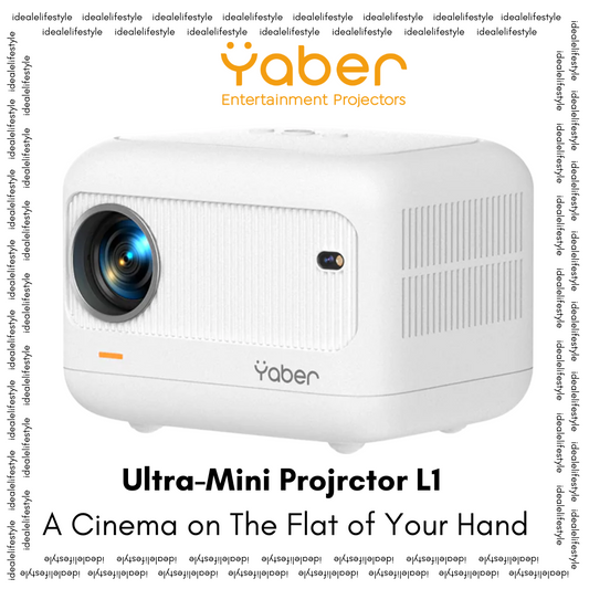 Yaber Ultra-Mini Projector L1 in white, compact portable entertainment projector displayed on a white background with tagline "A Cinema on The Flat of Your Hand" for idealelifestyle.