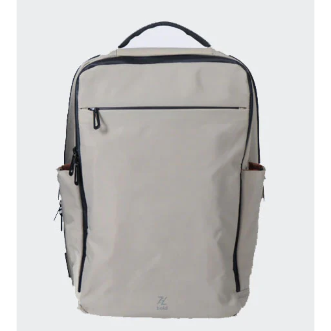 Beige ZL Bold rectangular backpack with top handle, front zippered pocket, and side compartments on a white background