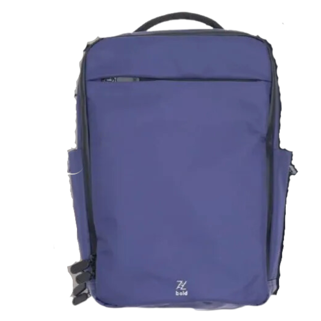 Navy blue ZL Bold rectangular backpack with top handle, front zippered pocket, and side compartments on a white background