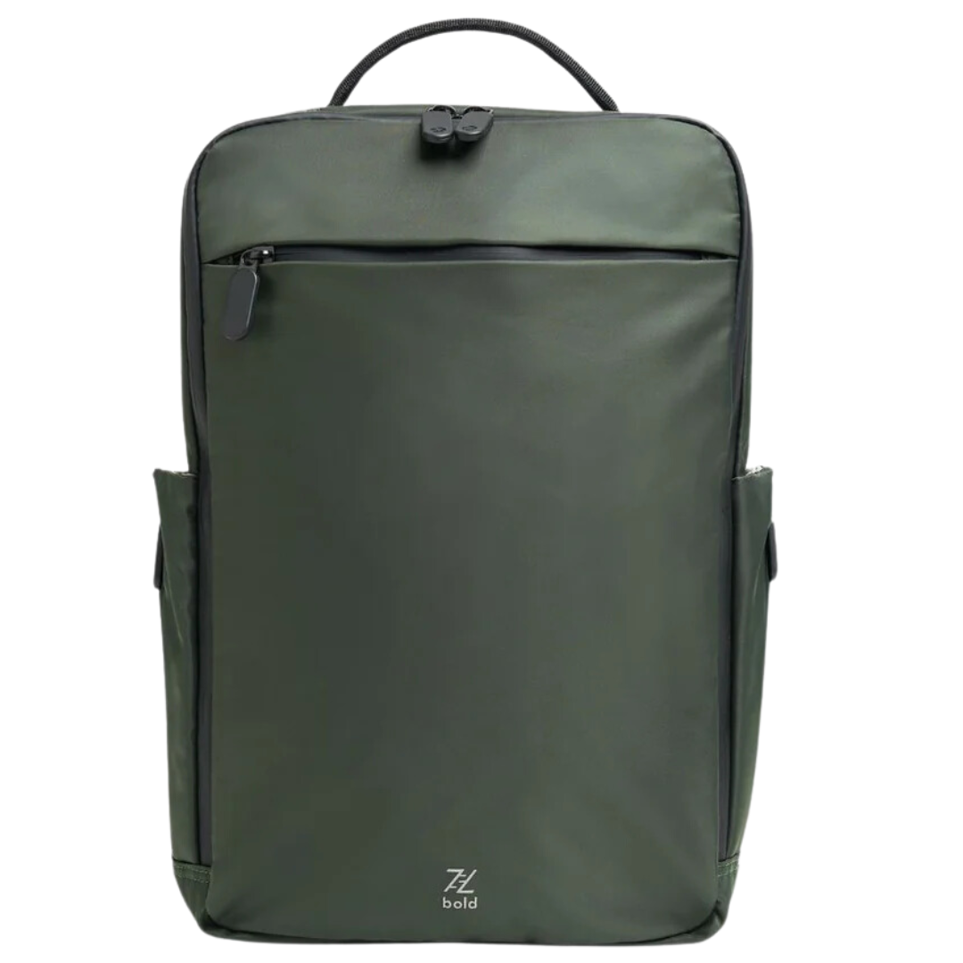 ZL Bold olive green rectangular backpack with top handle, front zippered pocket, and side compartments on a white background