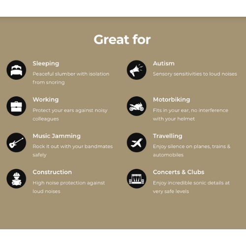 Infographic listing Attenu8 earplugs uses including sleeping, autism sensory sensitivities, working, motorbiking, music jamming, travelling, construction, and concerts or clubs, available at Ideale Lifestyle e-commerce store