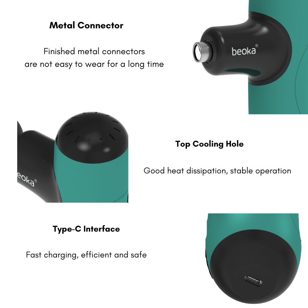 Close-up of Beoka Q1 Super Mini Percussion Massage Gun hardware, highlighting the durable finished metal connector for long-lasting wear, top cooling hole for effective heat dissipation, and Type-C interface for fast, efficient, and safe charging.